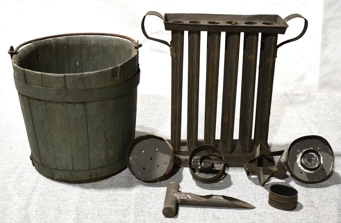 LOT ASSORTED TOLEWARE INCL. (12) CANDLE MOLD, 19TH C. (1 of 6)