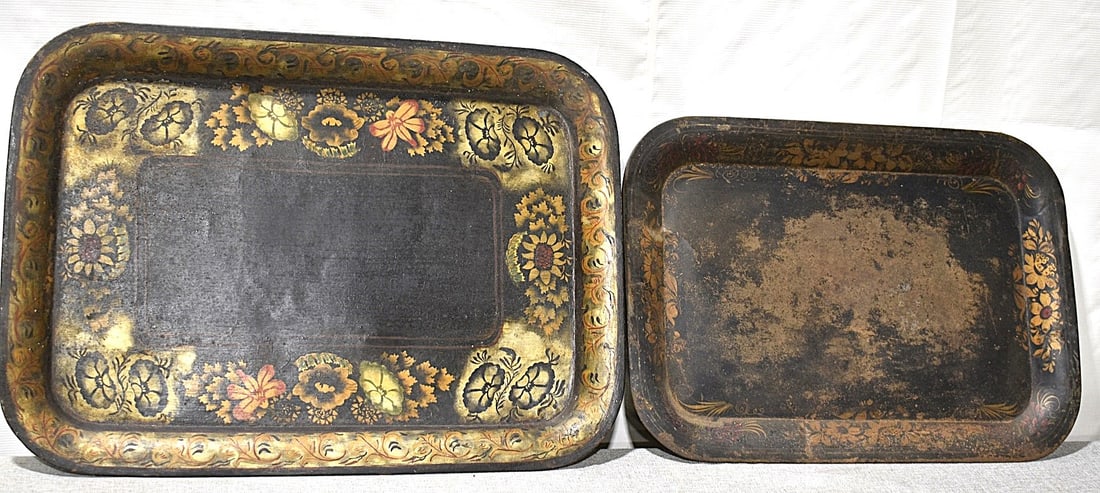 LOT (2) TOLEWARE DECORATED TRAYS 19TH C. 20 X 28" (1 of 5)