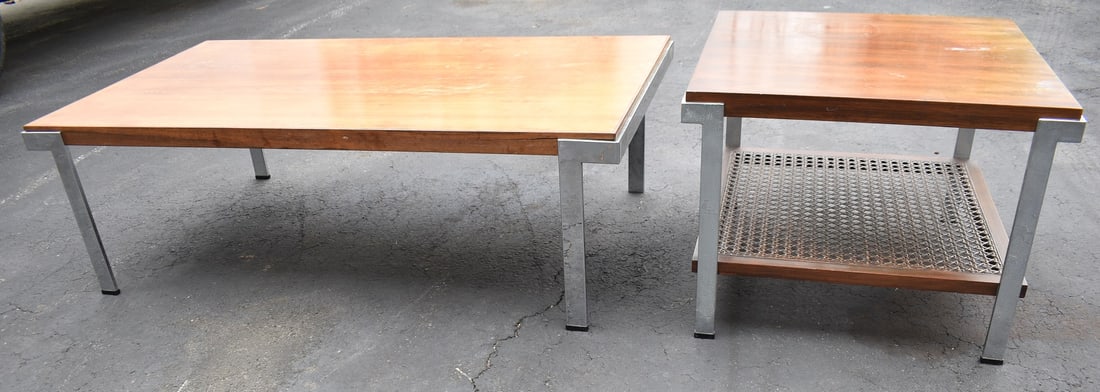 SET (2) MCM CHROME/MAPLE COFFEE AND END TABLE: SET (2) MCM CHROME/MAPLE COFFEE AND END TABLE, C. 1960'S, LARGEST H. 17" TOP 30" X 55"