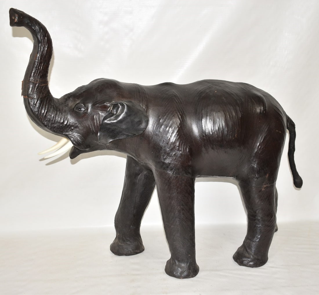 EARLY LEATHER ELEPHANT WITH GLASS EYES, 19TH C. (1 of 8)