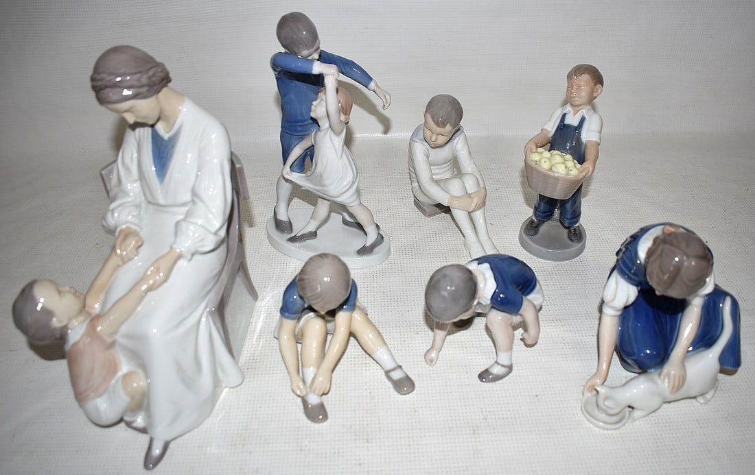 LOT (7) B & G PORCELAIN FIGURES; DICKIES MAMA+++: LOT (7) B & G PORCELAIN FIGURES; DICKIES MAMA, GIRL FEEDING CAT, BOY ON BOOK, BOY LEANING FORWARD & BOY WITH FRUITS (ROYAL COPENHAGEN), TALLEST 9"