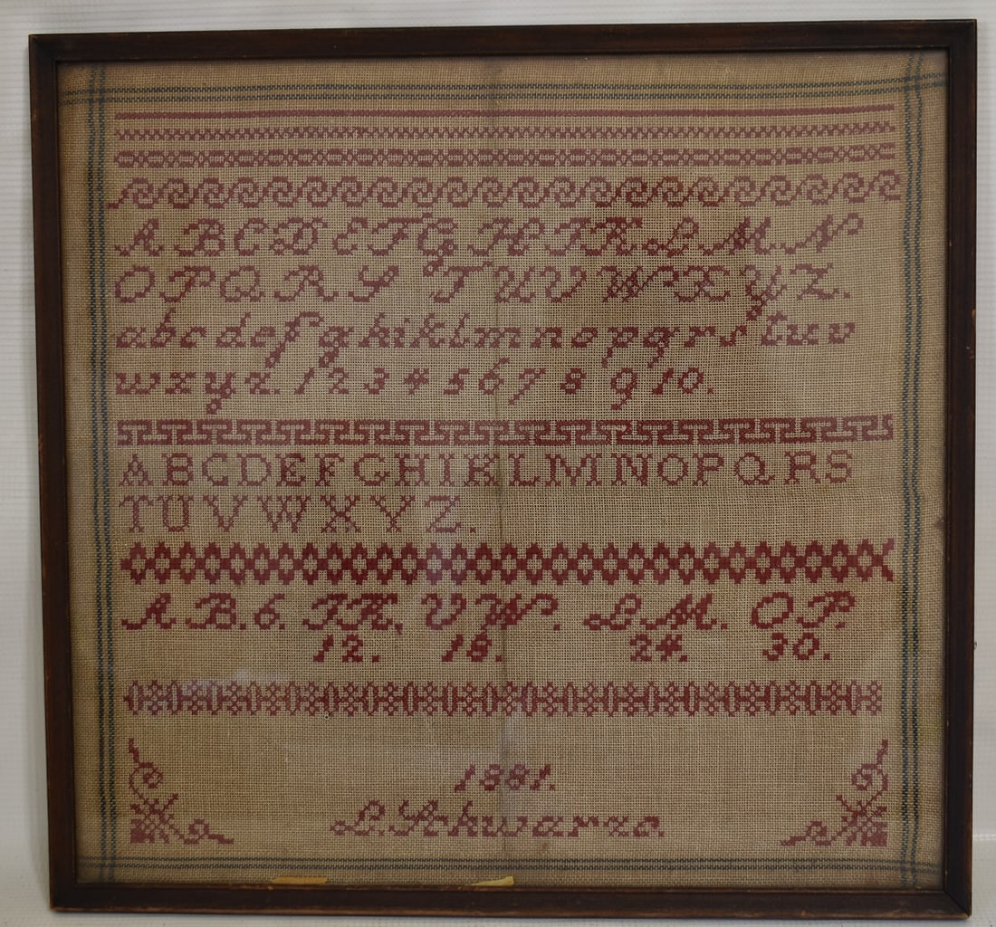 VINTAGE COUNTRY NEEDLEPOINT SAMPLER, C. 1881, 15" X 16" (1 of 7)