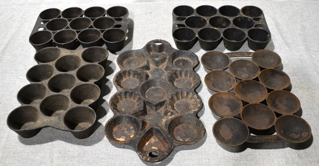 LOT (5) CAST IRON MUFFIN MOLDS: LOT (5) CAST IRON MUFFIN MOLDS