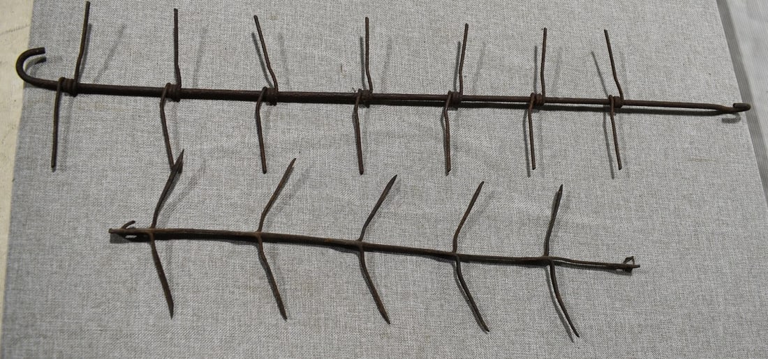 LOT (2) EARLY IRON TWIST MEAT DRYING KABOBS, 19TH C. (1 of 3)