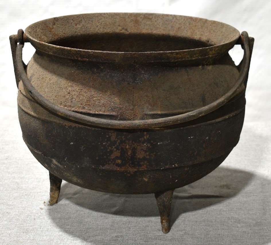 EARLY FOOTED CAST IRON CAULDRON, 19TH C., H. 12" D. 15" (1 of 4)
