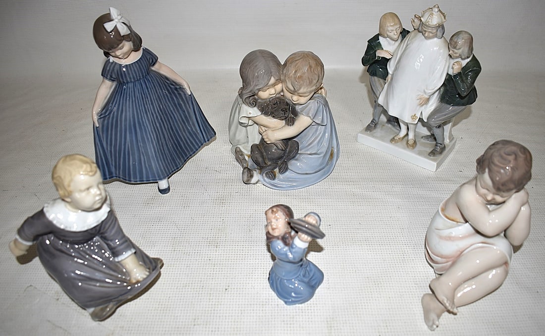 LOT (6) B & G PORCELAIN AND ROYAL COPENHAGEN FIGURES: LOT (6) B & G PORCELAIN FIGURES AND ROYAL COPENHAGEN; GIRL IN GRAY DRESS, GIRL WITH PLATE, BOY AND GIRL WITH DOG, EMPEROR'S CLOTHES, GIRL WITH BOW, BABY WITH WRAP, TALLEST 8 1/2"