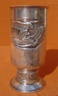 German WWII Silver 835 Presentation Trophy: German WWII Silver 835 Presentation Trophy Inscribed Major Walter Lehwesz -Litzmann Fur Besondere Leistung imLuftkrieg Presented on Oct. 17 1941 John Wagner & Sons Maker Dimensions:H 8" x Diameter 4