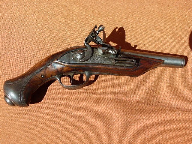 Rare NW French Engraved Flintlock Pocket Pistol c.1770: Rare Northwest French Engraved Flintlock Pocket Pistol c.1770 Maker Amat Fille AT:Vlle BL 4" overall 8 1/2" Condition: Good Providence: Howard "Bud" Schroder Estate Hale Eddy NY