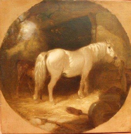 O/C The White Mare Signed John F. Herring Sr. c.1850: O/C The White Mare Signed John F. Herring Sr. c.1850, Dimensions:16" x 16" Condition:unframed, relined and restretched Provenance:Private NY estate