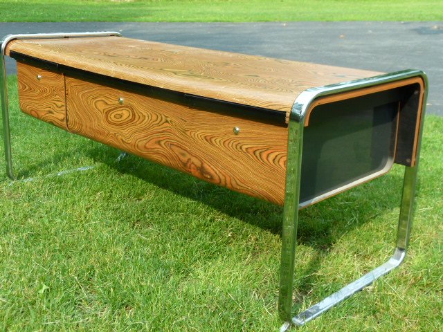 Herman Miller Zebrawood Credenza by Peter Protzman 1970: Herman Miller “Zebrawood” Credenza by Peter Protzman Mid Century Modern Chrome Steel & ZebrawoodH 27 x L 65 x W 26