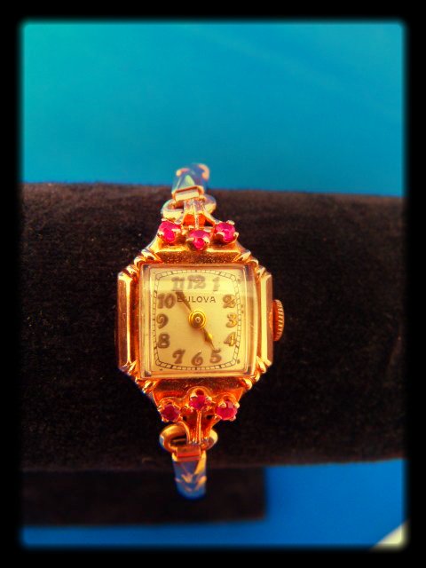 Art Deco Bulova 14kt Rose Gold Ruby Ladies WristWatch c: Art Deco Bulova 14kt Rose Gold Ruby Ladies Wrist Watch c.1940