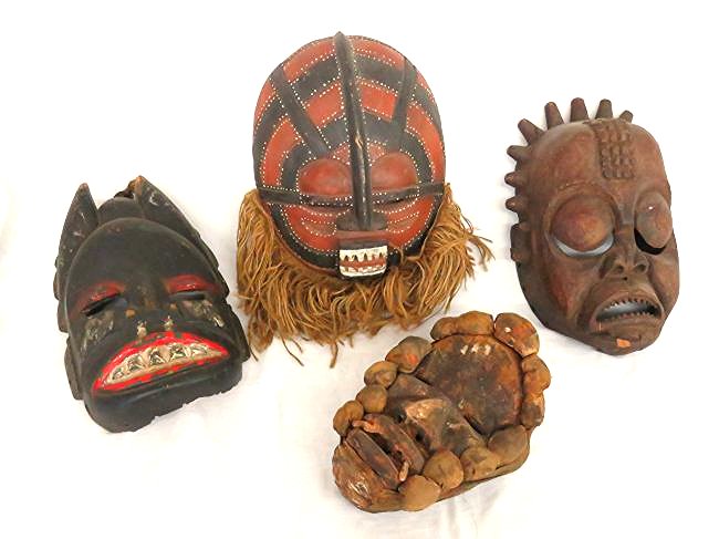 4 CARVED PAINTED DOGON AFRICAN TRIBAL MASKS 19/20TH C. (1 of 6)
