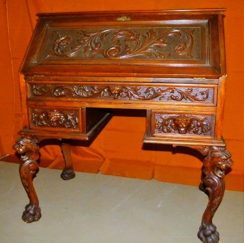RJ HORNER CARVED WALNUT DESK W/NORTH WIND PULLS 19TH C. (1 of 3)