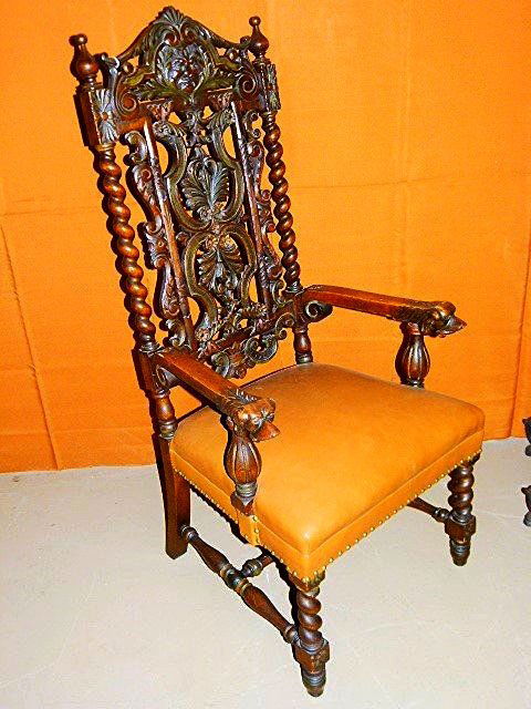 FINE ENGLISH CARVED OAK HUNT/GREAT CHAIR 19TH C. (1 of 4)