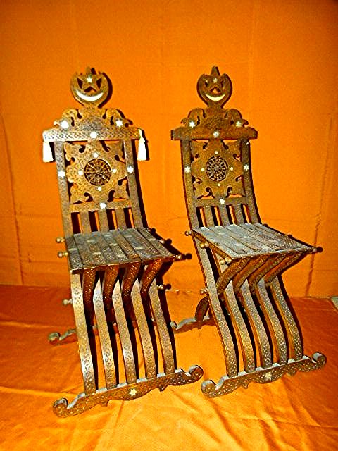 PR TURKISH CARVED/INLAID FOLDING CHAIRS 19TH C. (1 of 4)