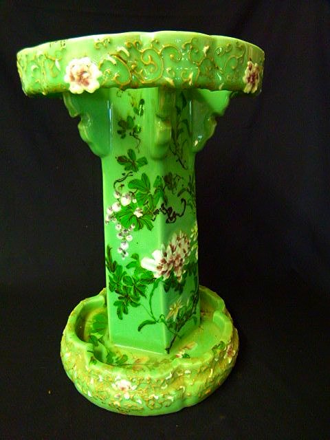 LARGE JAPANESE CELADON CANE/PARASOL STAND 19thc.: FINE MULTI COLORED CELADON GLAZED PARASOL STAND, DECORATED WITH BIRDS AND PLUM FLOWERS H. 21" D. 14" WEIGHS OVER 40 LBS