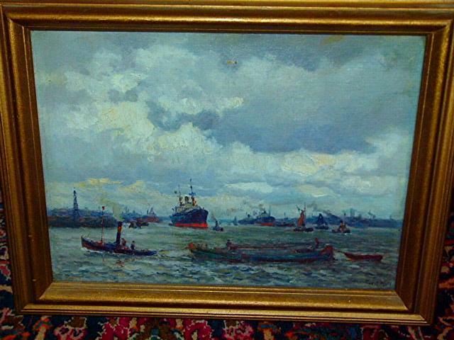 O/C "ROTTERDAM HARBOR" SIGNED EVERET MOLL 20TH C (1 of 2)