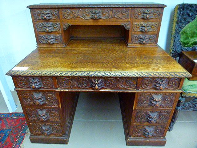 ENGLISH CARVED OAK DESK W/GRIFFIN PULLS 19TH C. (1 of 5)