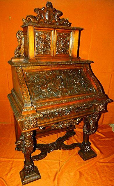 FINE GERMAN CARVED WALNUT SLANT FRONT DESK  19TH C. (1 of 9)