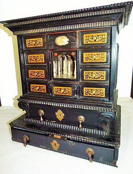 WILLIAM & MARY EBONIZED OAK SPICE/JEWEL CABINET 18TH C: WILLIAM & MARY EBONIZED OAK INLAID BRESS CARVED BONE CENTERPANEL WITH CARVED ABALONE SHELL JEWEL CABINET WITH 12 HIDDEN DRAWERS AND COMPARTMENTS 18THC. HEIGHT 21 1/2" WIDTH 19" DEPTH 15"