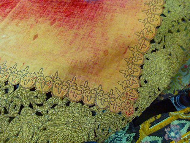 FINE FRENCH NEEDLEPOINT/VELOUR ALTAR CLOTH 18/19TH C.: HAND STICHED CUT AND PIERCED FLEUR-DE-LIS ALTAR CLOTH 18/19THC. 48 INCHES X 50 INCHES