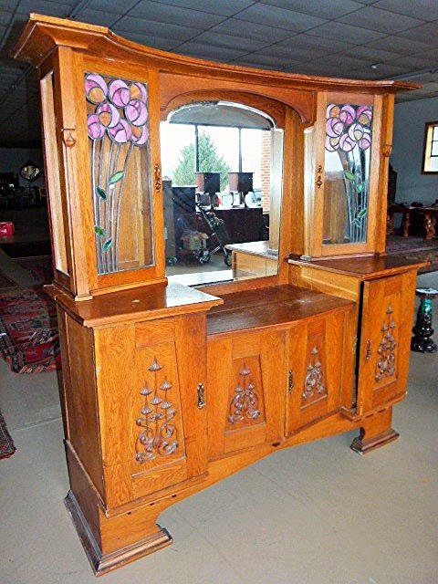 GLASGOW SCHOOL OAK CABINET LEADED SLAG GLASS  c.1895 (1 of 9)