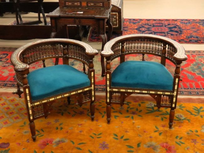 PR MOORISH/SYRIAN CARVED INLAID B-BACK CHAIRS19/20TH C: PR. MOORISH/SYRIAN CARVED INLAID BARREL BACK CHAIRS