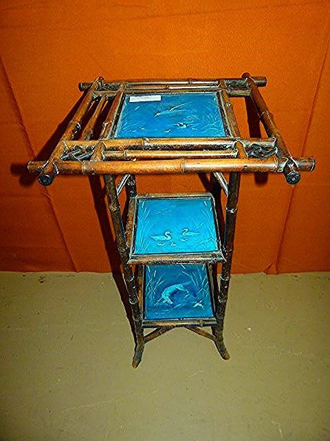 MINTON TILE/BAMBOO TRIPLE TABLE 19TH C.: HEIGHT 30 INCHES X WIDTH 17 INCHES X DEPTH 17 INCHES