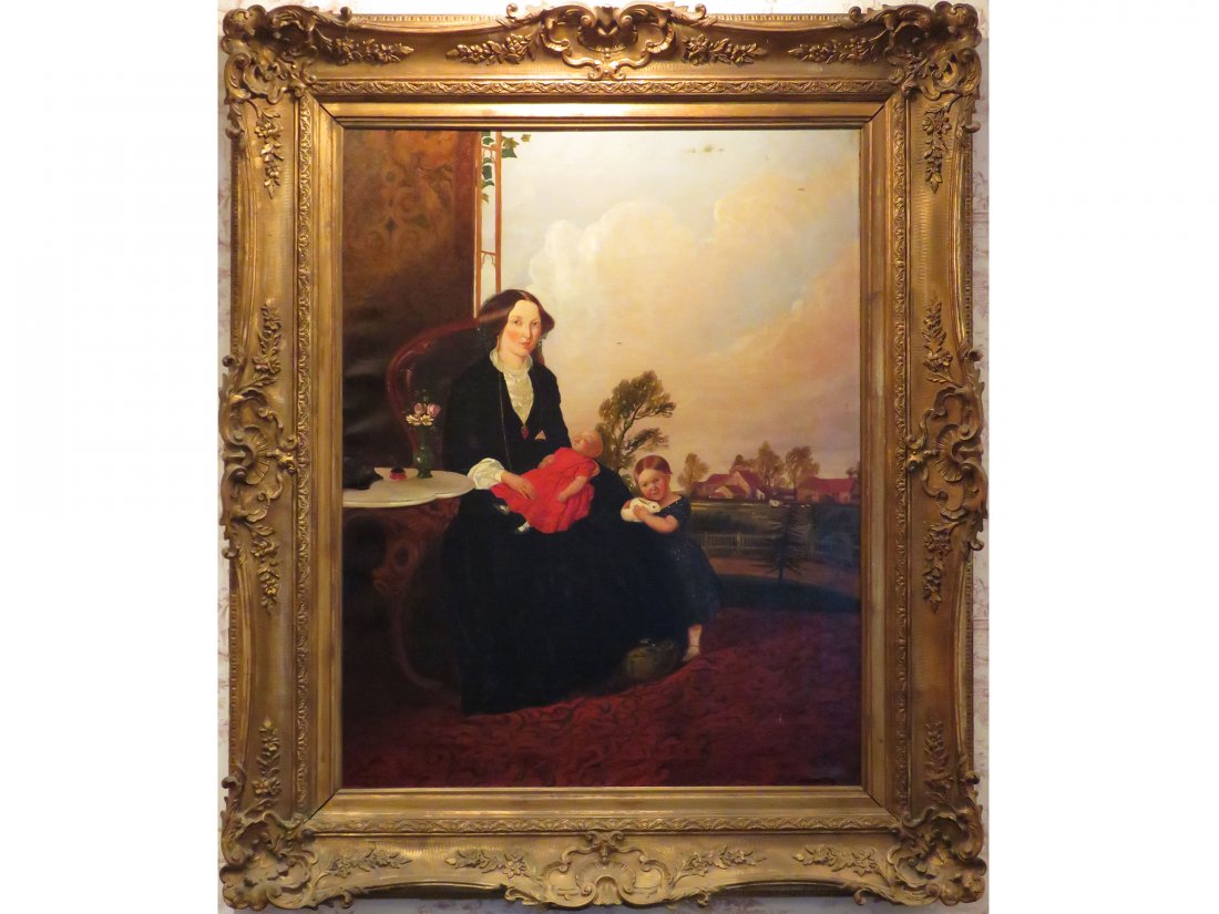 O/C FOLK ART PORTRAIT MOTHER W/ 2 CHILDREN 19TH C. (1 of 7)