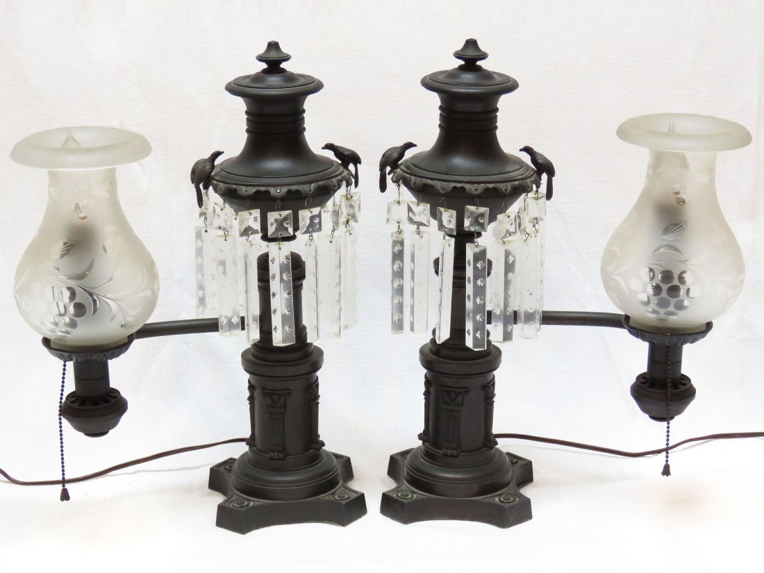 PR. BRONZE ARGAND LAMPS SIGNED B. GARDNER  NY 19TH C (1 of 9)