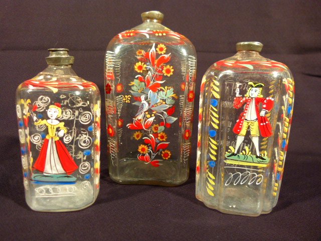 LOT 3 EARLY DUTCH CELLAR FLASKS W/ENAMELED DECORATION (1 of 5)