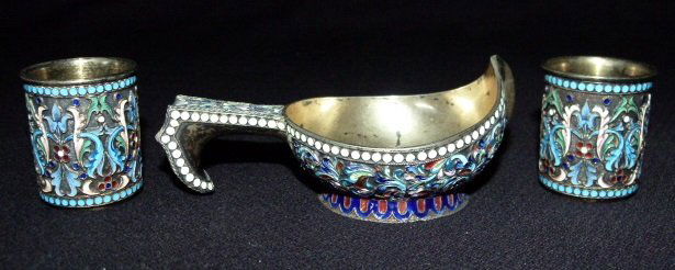 LOT (3) RUSSIAN ENAMELED SILVER INCLUDING KOVSH C.1892 (1 of 10)