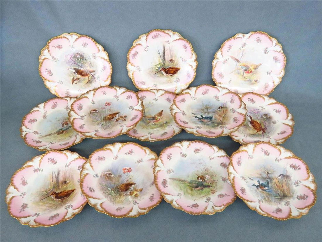 SET (12) HANDPAINTED LIMOGES DUCK/BIRD SCENIC PLATES (1 of 7)