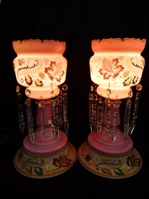PR. VICTORIAN PINK ENAMELED GLASS LUSTERS 19TH C. (1 of 5)
