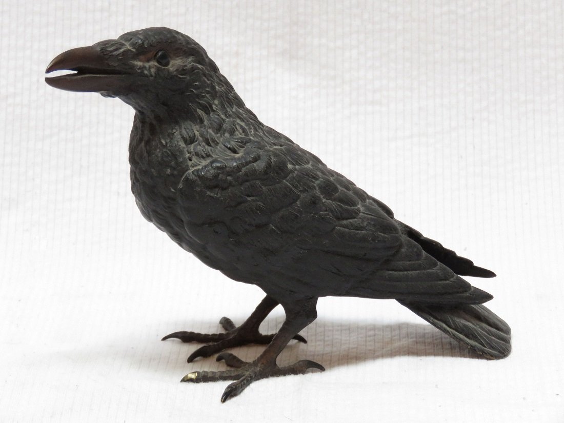 AUSTRIAN COLD PAINTED BRONZE CROW SIGNED 19TH C. (1 of 6)