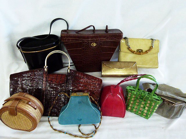 LOT (10) VINTAGE DESIGNER HANDBAGS INCL. CROC., STRAW,: LOT (10) VINTAGE DESIGNER HANDBAGS INCL. CROC., STRAW, LEATHER