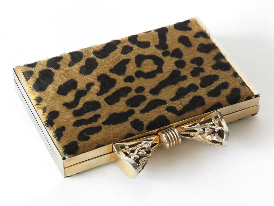 FINE LEOPARD SKIN GOLD PLATED BOW TIE CLUTCH PURSE (1 of 8)