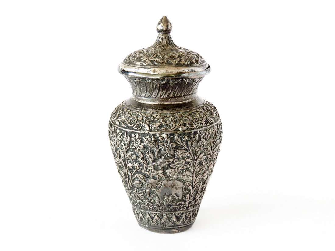 PERSIAN REPOUSSE STERLING COVERED JAR 19TH C. (1 of 7)