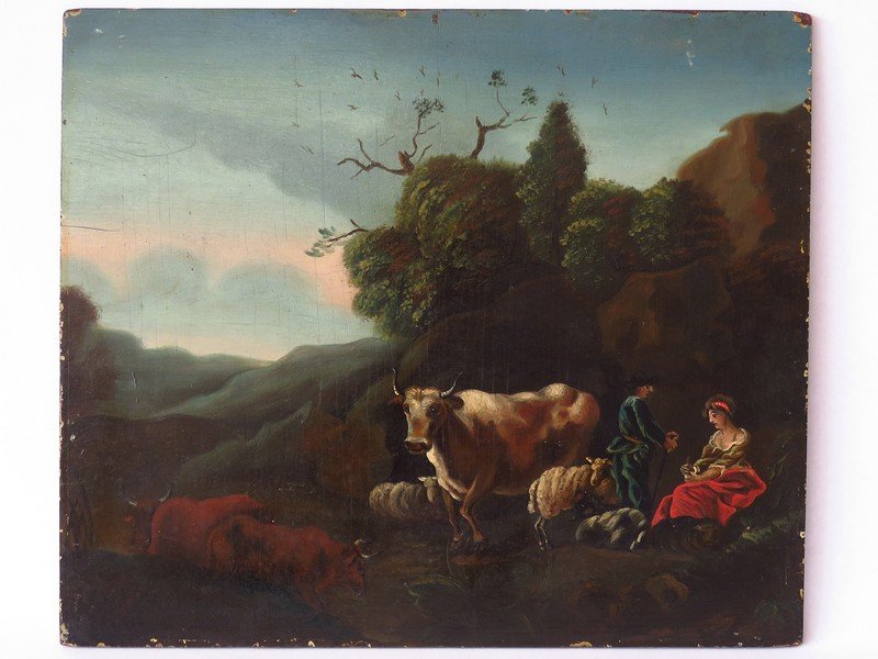 O/P LANDSCAPE W/ FIGURES SIGNED VERSO JACOBSON 18TH C. (1 of 6)