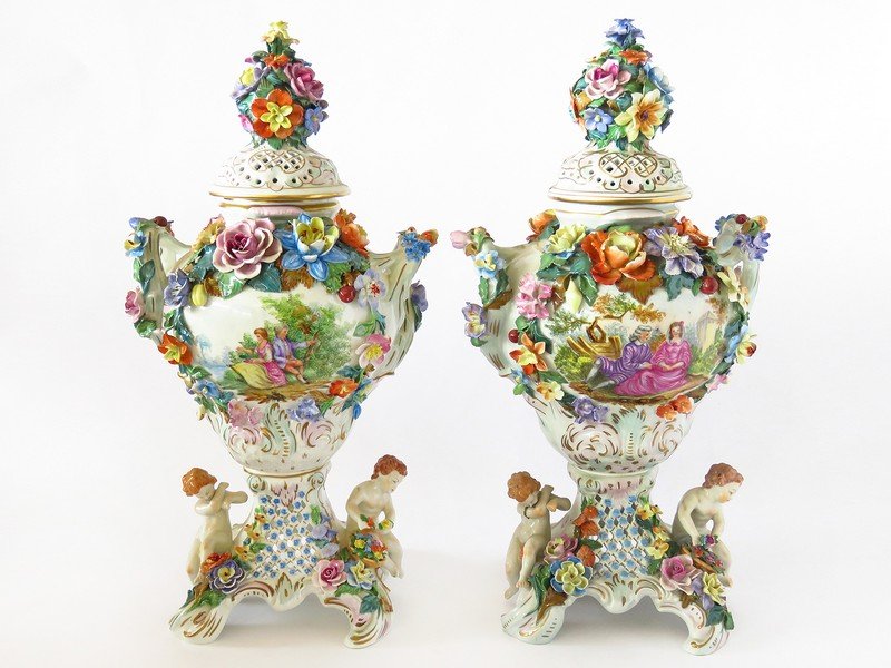 (2) DRESDEN H/P PORCELAIN URNS 19/20TH C. (1 of 10)