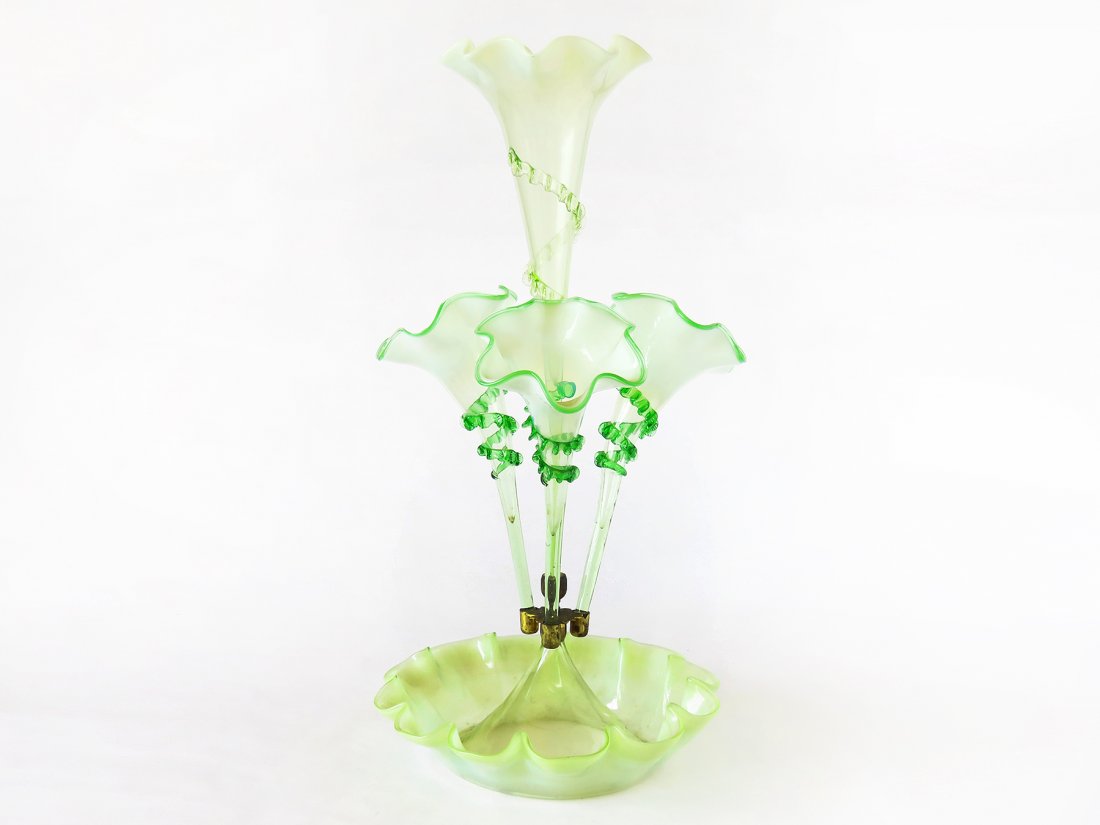 VICTORIAN ART/VASELINE GLASS EPERGNE 19TH C.: TOTAL HEIGHT 20.5"; TALLEST PIECE UNSCREWS FROM ITS BASE, 16.5" LONG; SMALLER PIECES 10" LONG