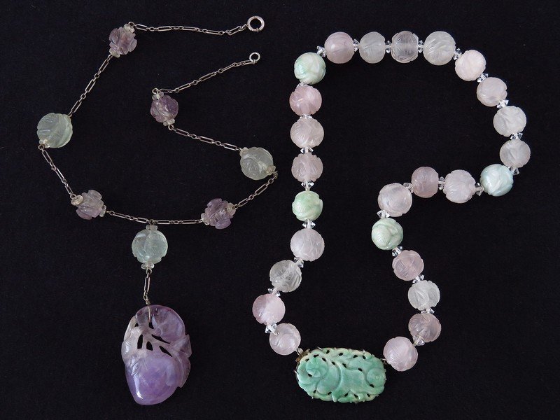 LOT (2) CHINESE CARVED QUARTZ /JADE NECKLACES C. 1920 (1 of 3)