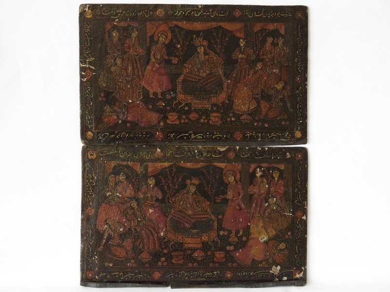 LOT (2) PERSIAN H/P PAPER MACHE PANELS 19TH C. (1 of 4)