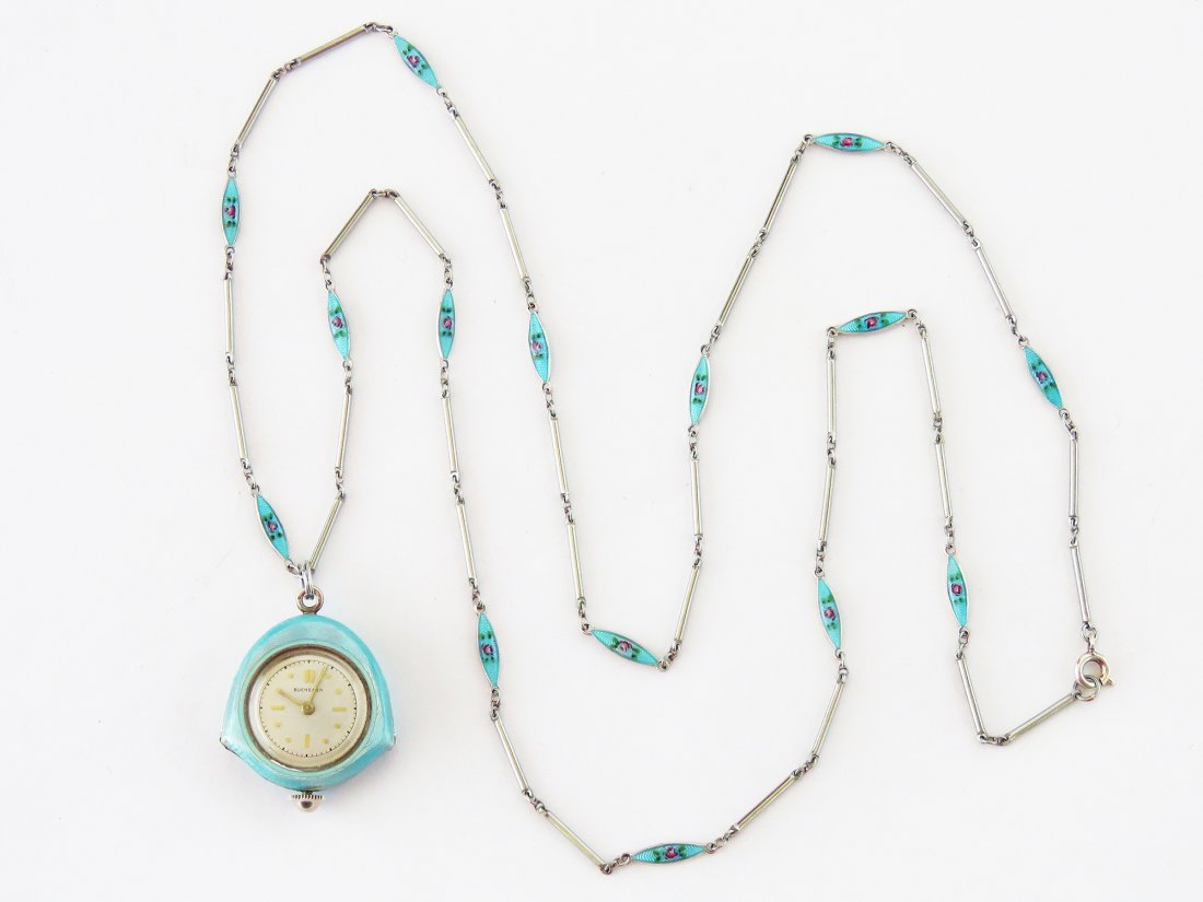 FRENCH BUCHERER ENAMELED PENDANT WATCH NECKLACE C. 1920: L. 29 1/4"