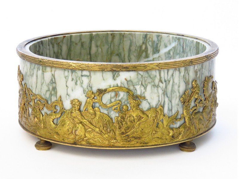 FRENCH GILT BRONZE/MARBLE CENTER PIECE 19TH C.: H. 3" D. 7 1/4"
