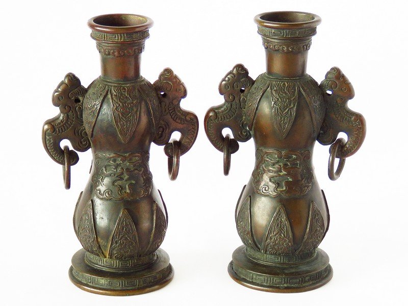 PR. CHINESE BRONZE VASES W/RING HANDLES 18TH C. (1 of 5)