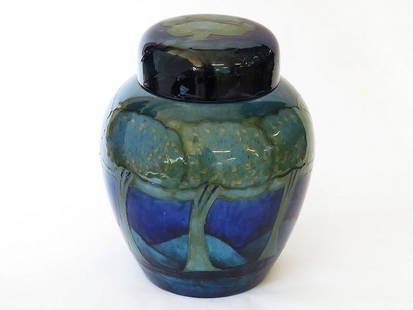 MOORCROFT MOONLIT BLUE GINGER JAR WITH PAPER LABEL: H. 10 1/2"