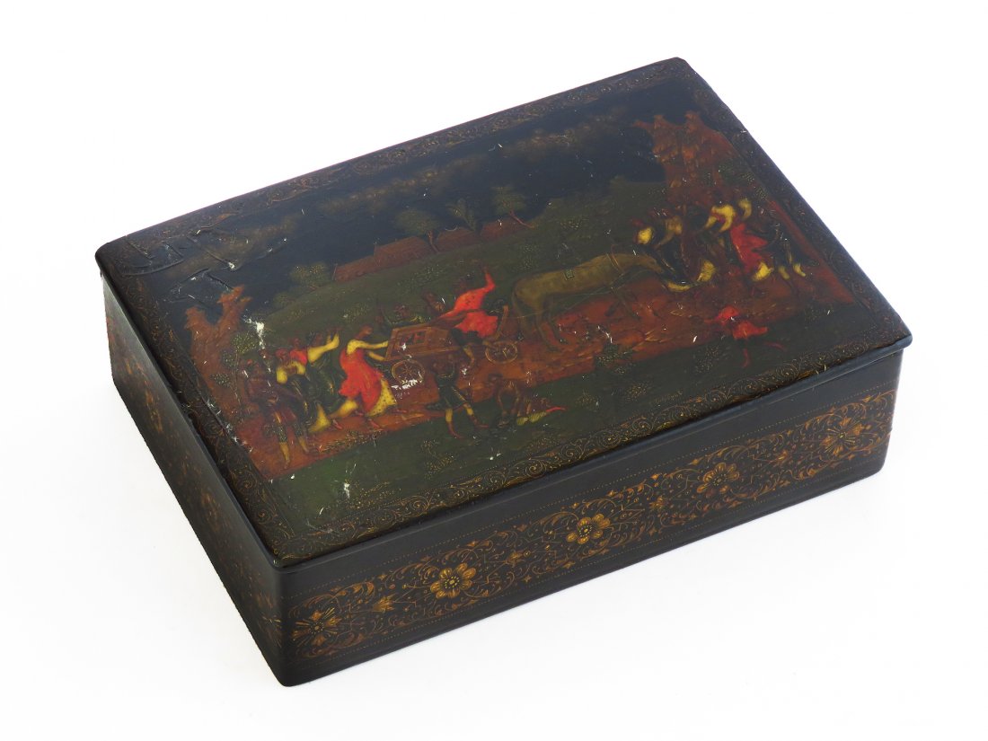 RUSSIAN H/P PAPER MACHE COVERED BOX, SIGNED, 19TH C. (1 of 9)
