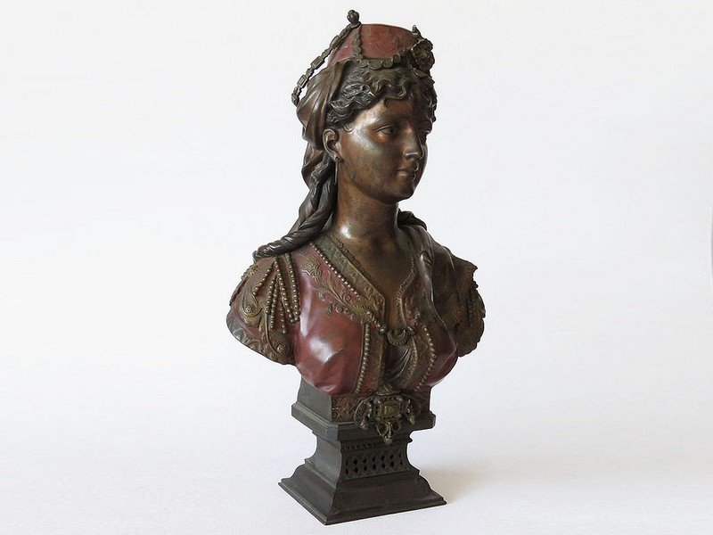 VIENNA BRONZE TURKISH GYPSY BUST, SIGNED DEBUT, 19TH C. (1 of 10)