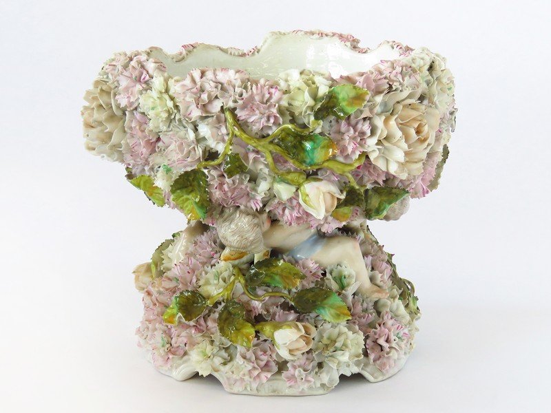 DRESDEN FLORAL/CHERUB DECORATED PORCELAIN COMPOTE 19TH (1 of 9)